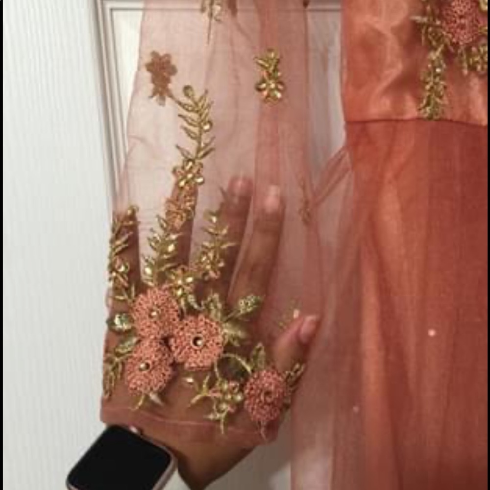 Embroidered Net Abaya Style Suit in Dark Peach - Picture 4 of 8